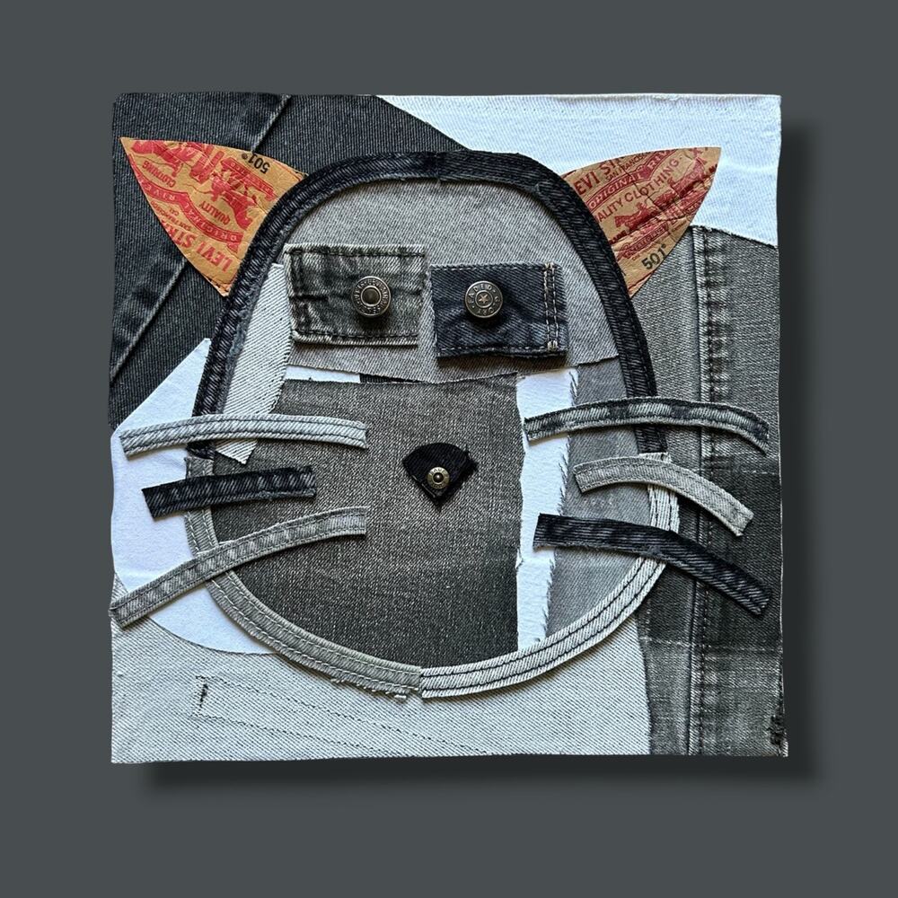 Handmade Denim Cat Art Upcycled Patchwork Black Jeans 11x11 Recycled Fabric